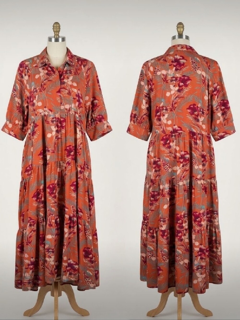Natural Life Rebecca Floral Tiered Boho Maxi Dress Rust Orange Fall Wmn's L